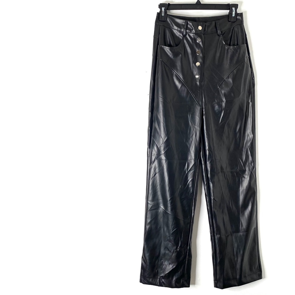 Commense Black Vegan Leather High Waist Straight Leg Pants NWT Minimalist